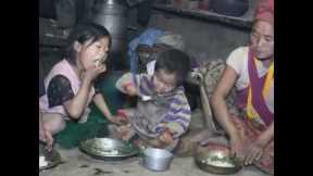 Hungry kids eating fast daily food, strong mother happy teach children learn well forest life